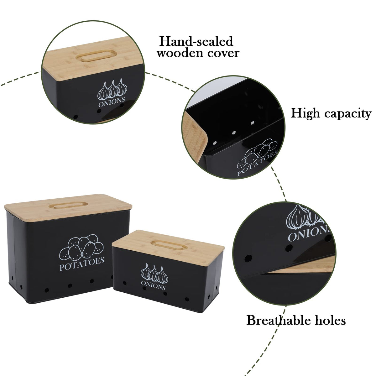 Vented Metal Vegetable Storage Bin Set of 2 with Wooden Lids L506464