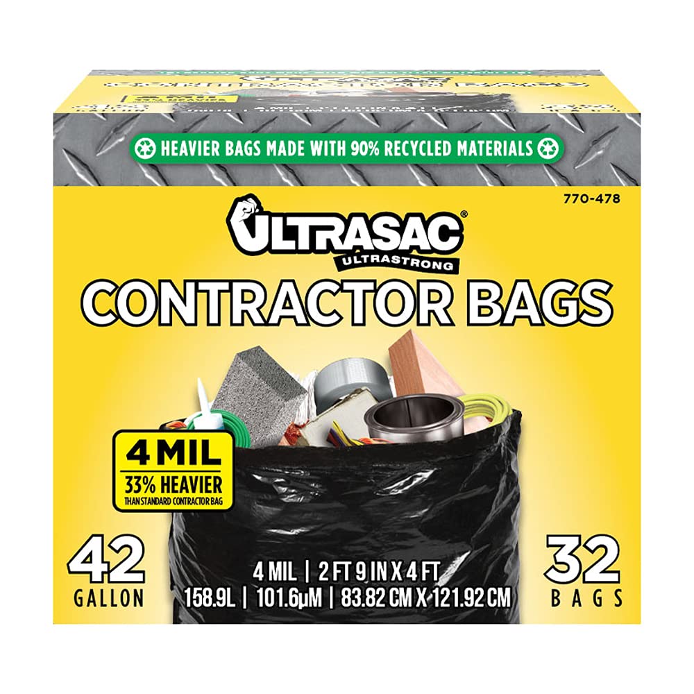 42 Gallons 4 Mil Heavy Duty Contractor Bags 32 Pack with Ties T6652