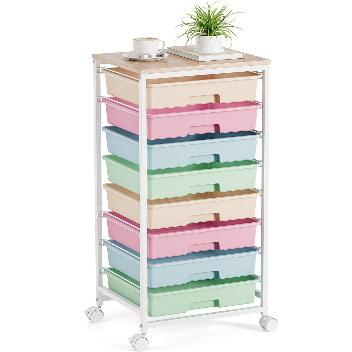 Rolling Storage Cart with 8 Drawers and Wooden Tabletop B3455