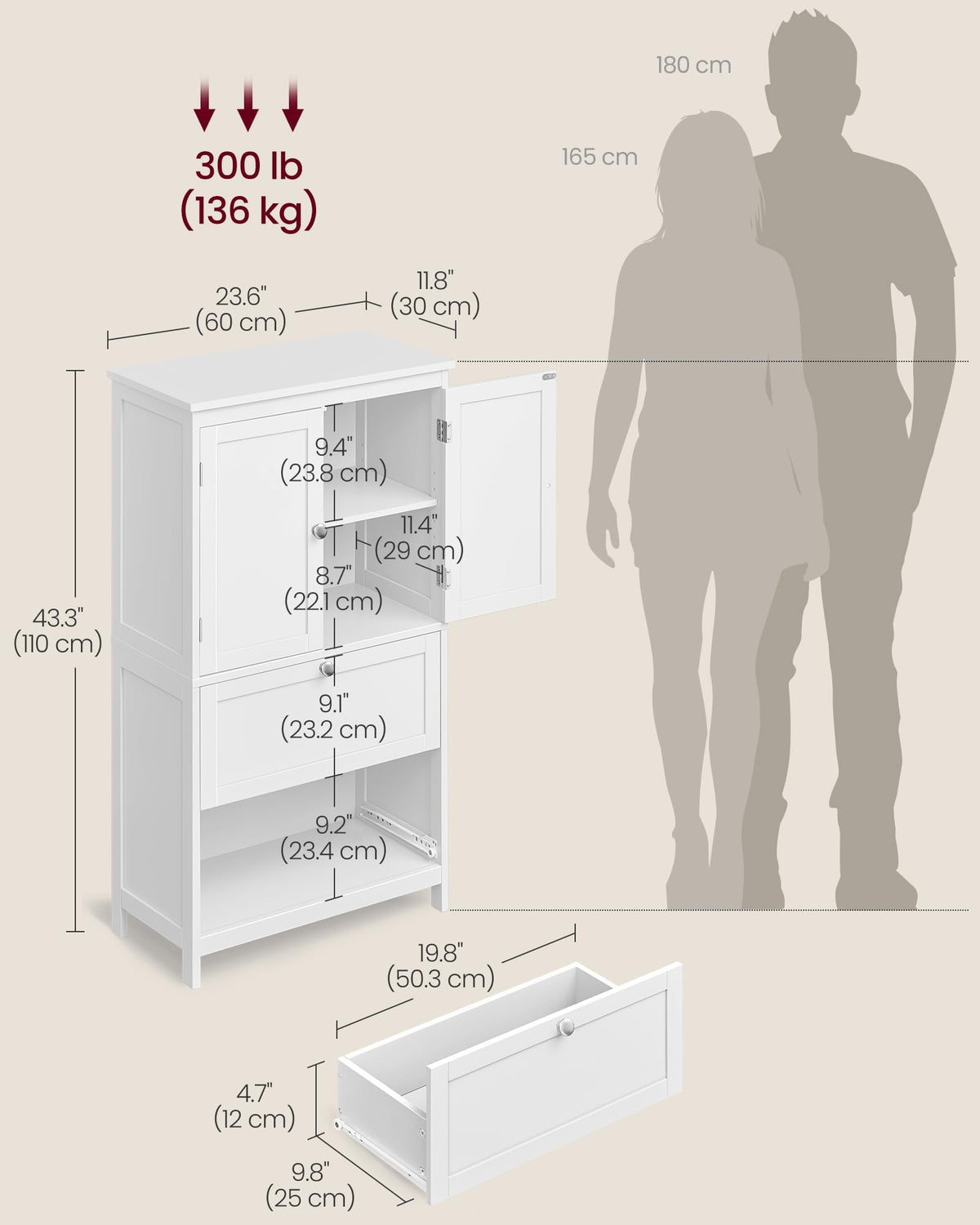 Cloud White Bathroom Floor Cabinet with 2 Doors, 2 Drawers F454