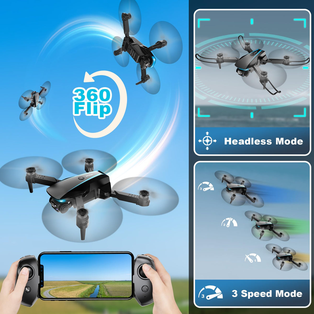 1080P HD Foldable Drone with Camera, 2 Batteries, Carrying Case T899