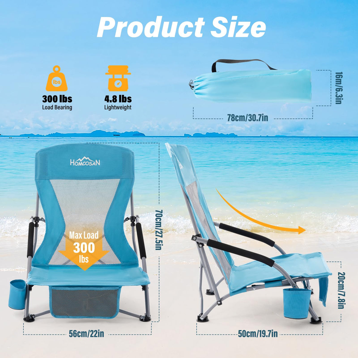 Portable Low Folding Beach Chairs Set of 2 Lightweight with Cup Holder Storage Pockets Carry Bag Blue A8333
