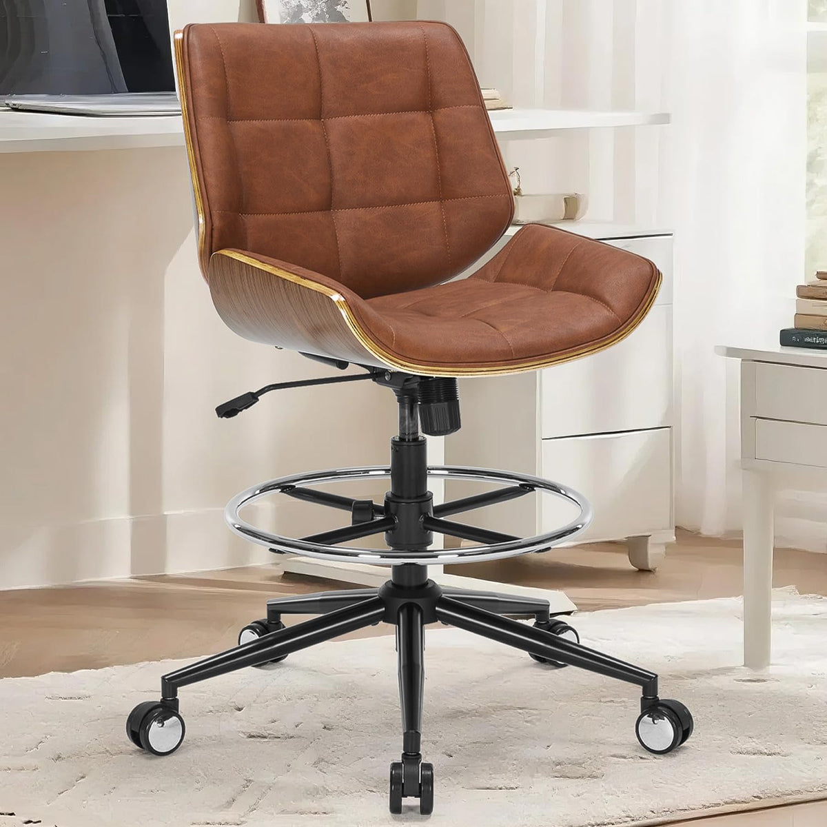Brown Ergonomic Drafting Office Chair with Adjustable Height and Footrest Ring G399