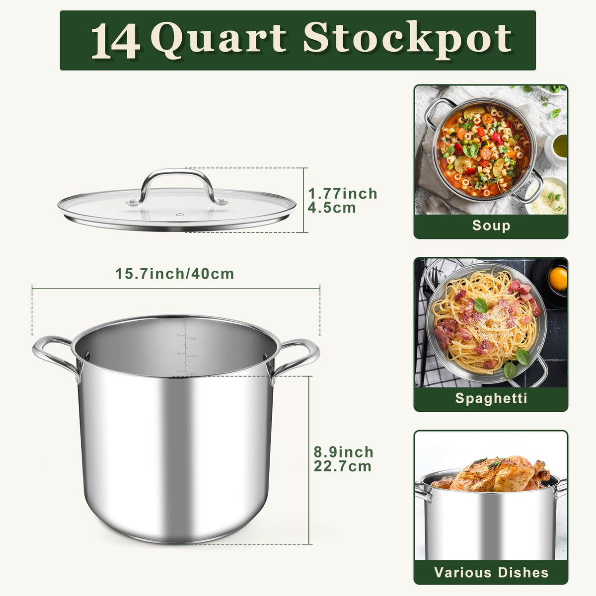 14Qt Stainless Steel Stock Pot with Lid L6034