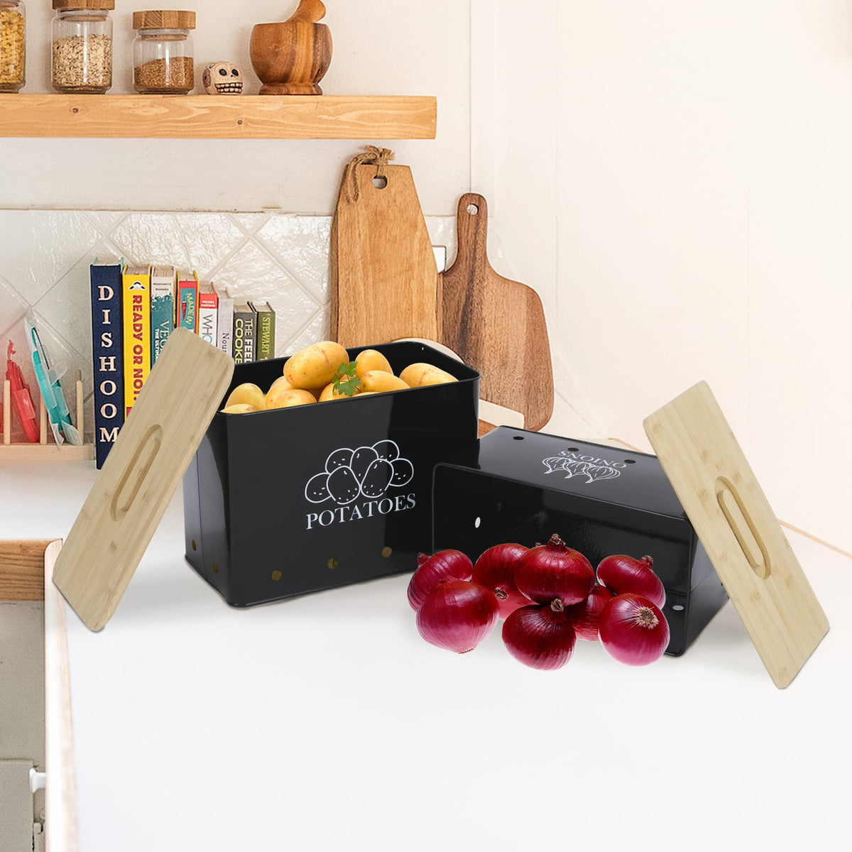 Vented Metal Vegetable Storage Bin Set of 2 with Wooden Lids L506464