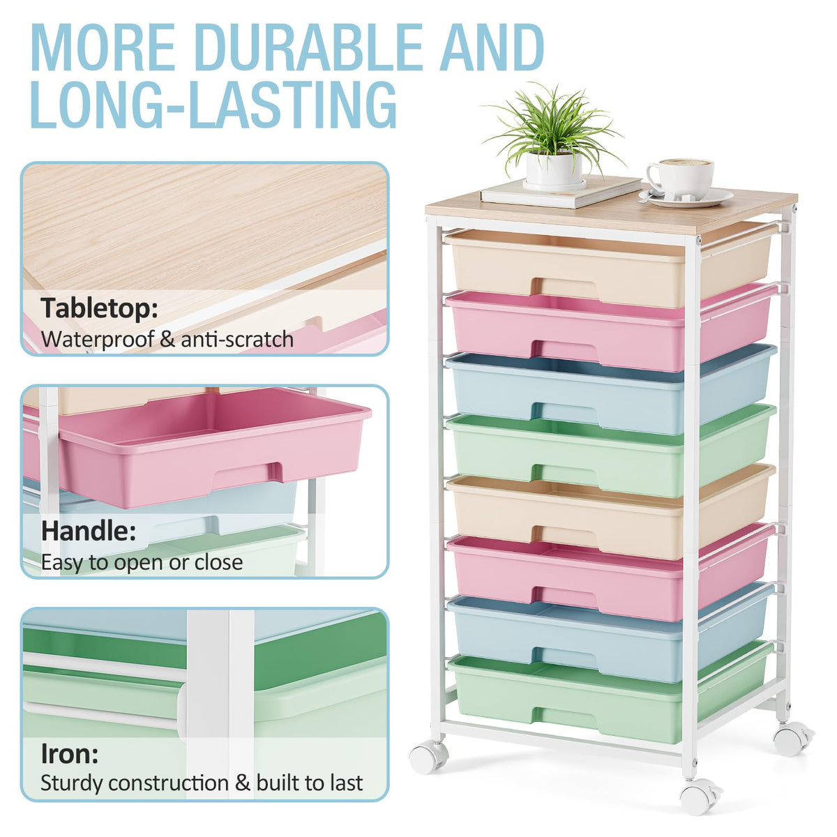 Rolling Storage Cart with 8 Drawers and Wooden Tabletop B3455