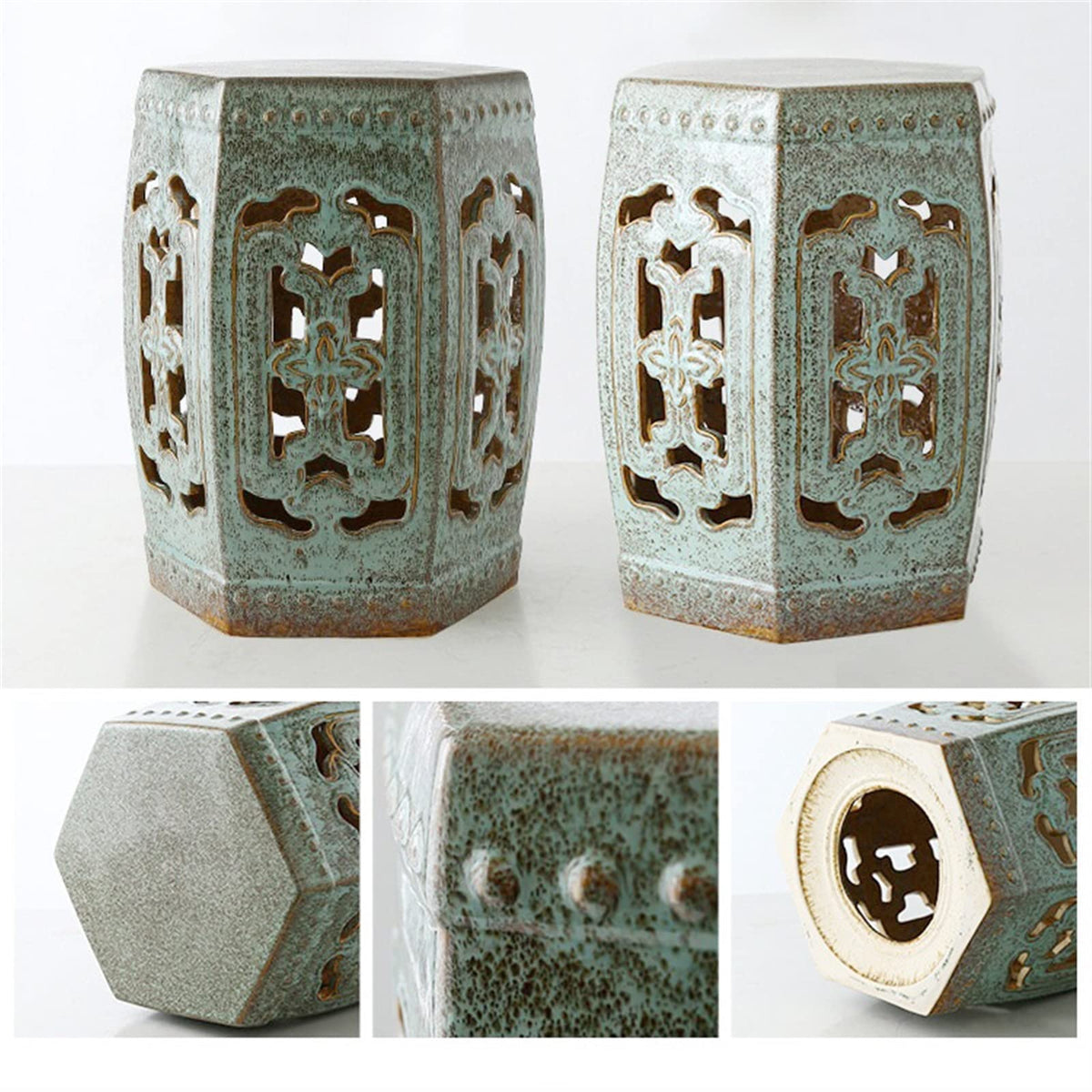 Ceramic Garden Stool Hexagonal Hollow Porcelain Drum Stool D7813