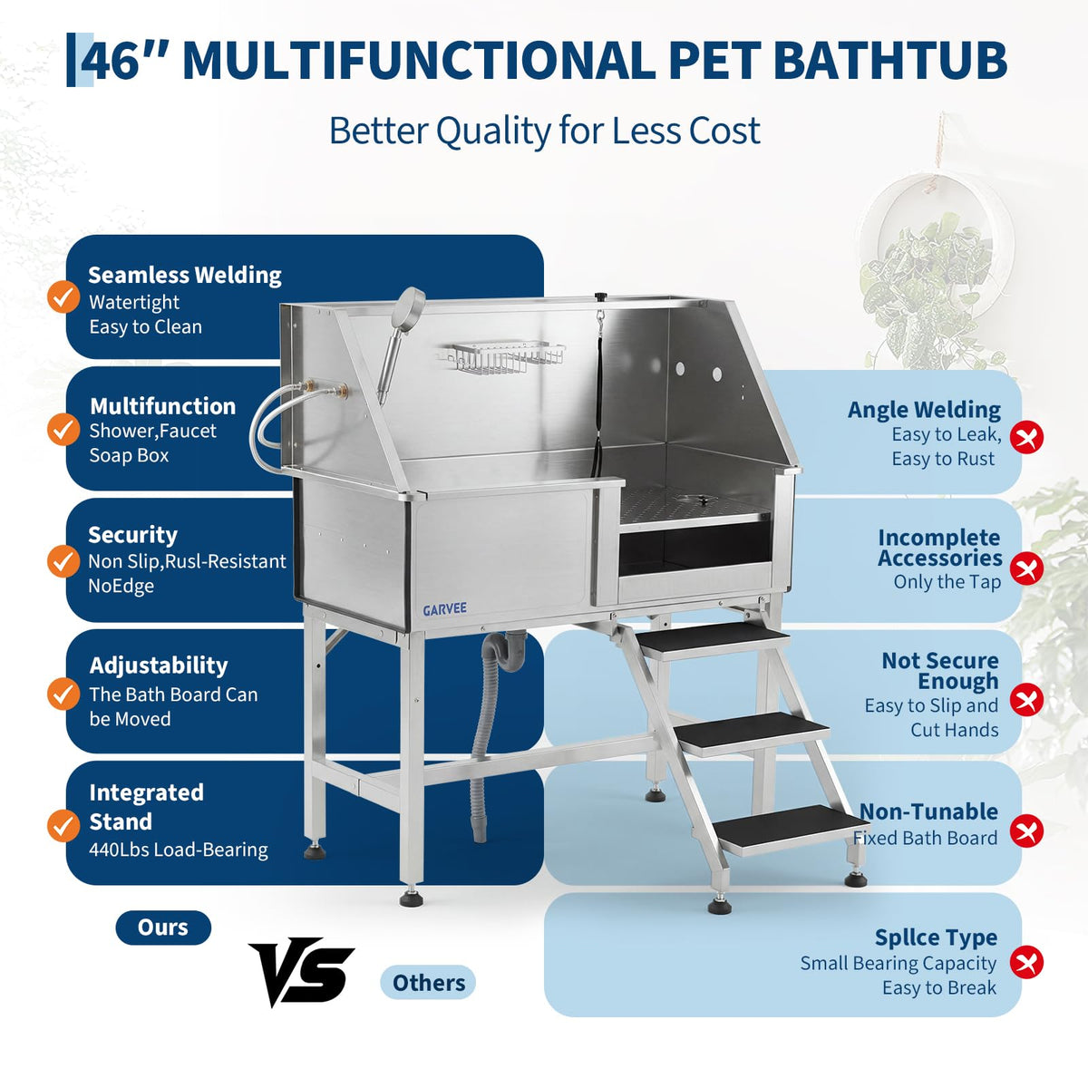 46 Inch Stainless Steel Dog Washing Station with Stair K434246