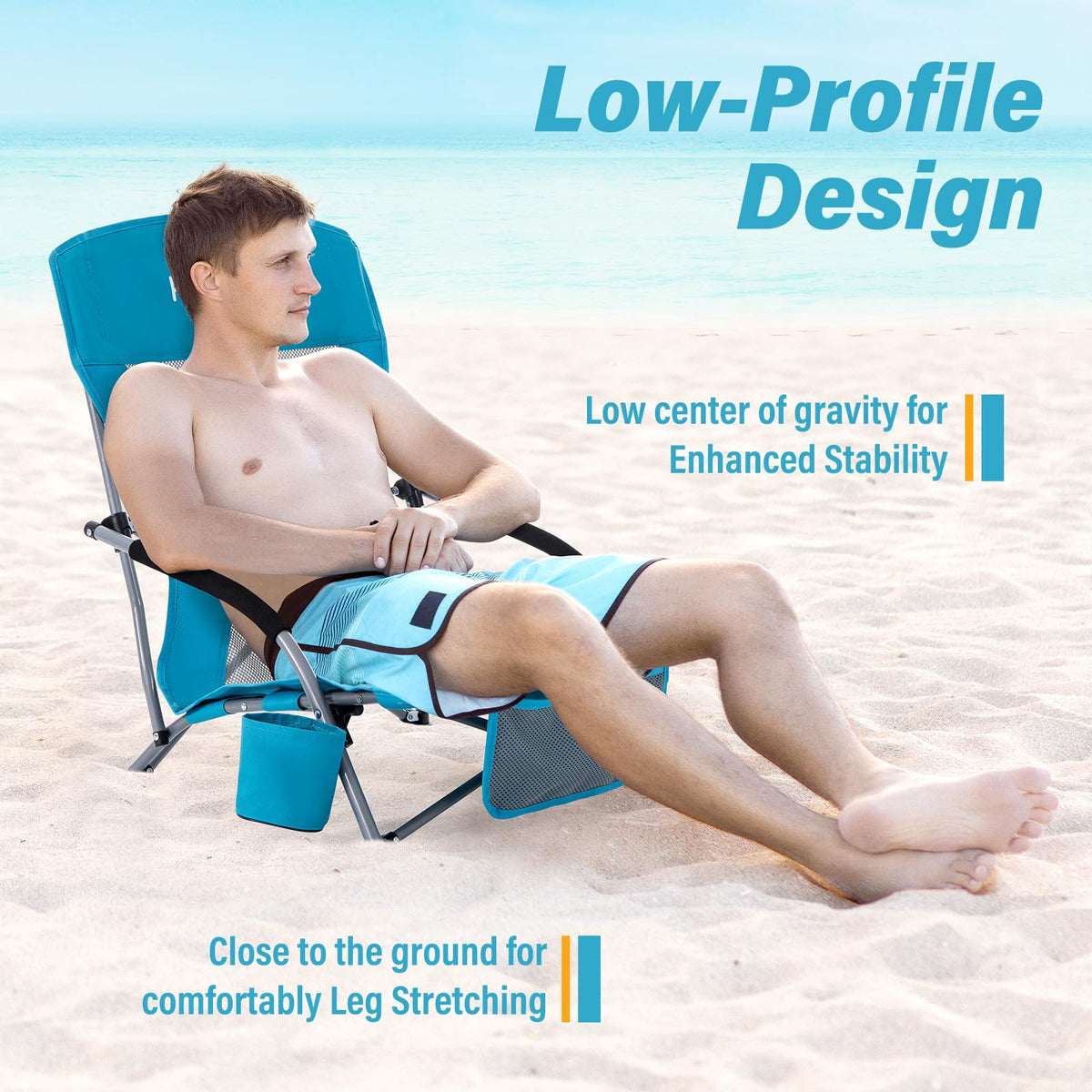 Portable Low Folding Beach Chairs Set of 2 Lightweight with Cup Holder Storage Pockets Carry Bag Blue A8333