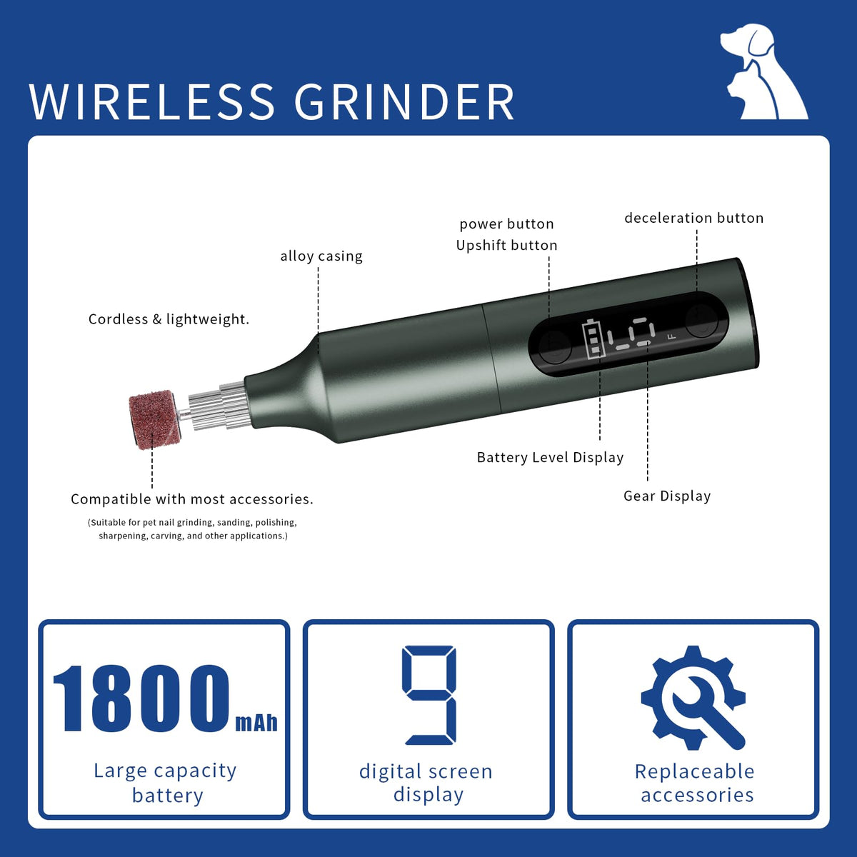 Rechargeable 9-Speed Adjustable Ultra Quiet Electric Dog Nail Grinder H4721