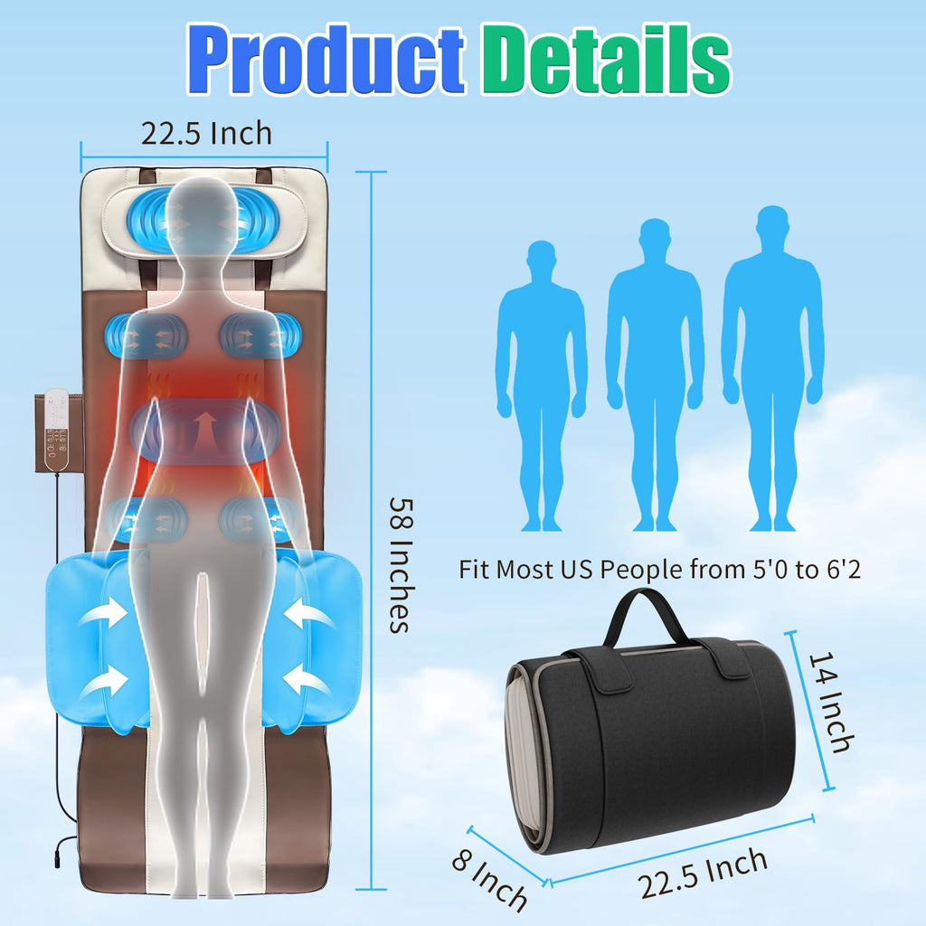 Full Body Massage Mat with Airbags Stretching & Heating, 3D Lumbar Traction, 4 Modes 3 Intensities 3 Heat Levels, PU Leather, Portable & Foldable A733