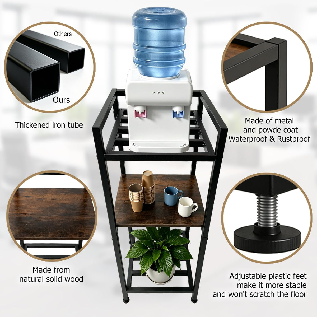 Black Metal Wood 3 Tier Water Dispenser Stand J90060