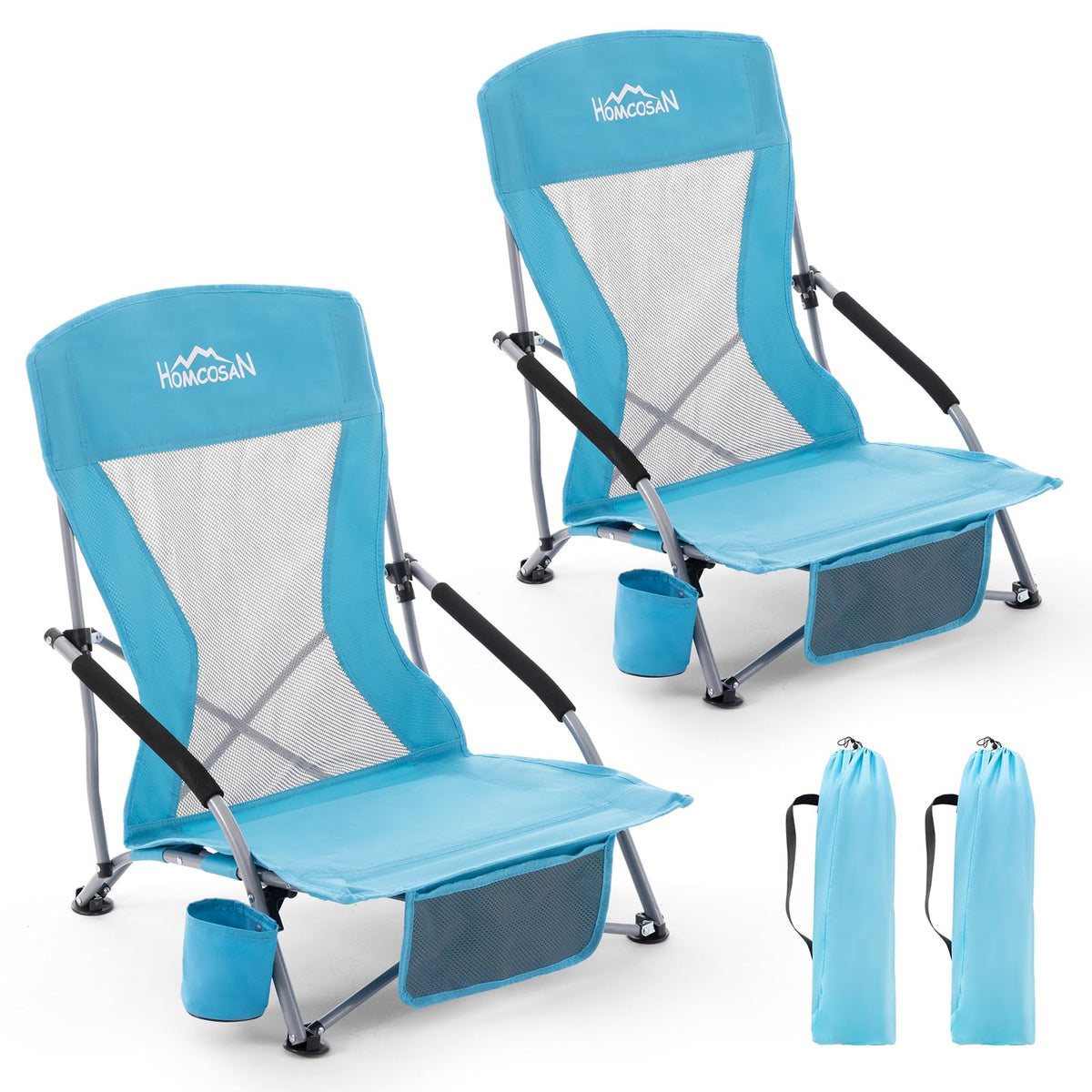 Portable Low Folding Beach Chairs Set of 2 Lightweight with Cup Holder Storage Pockets Carry Bag Blue A8333
