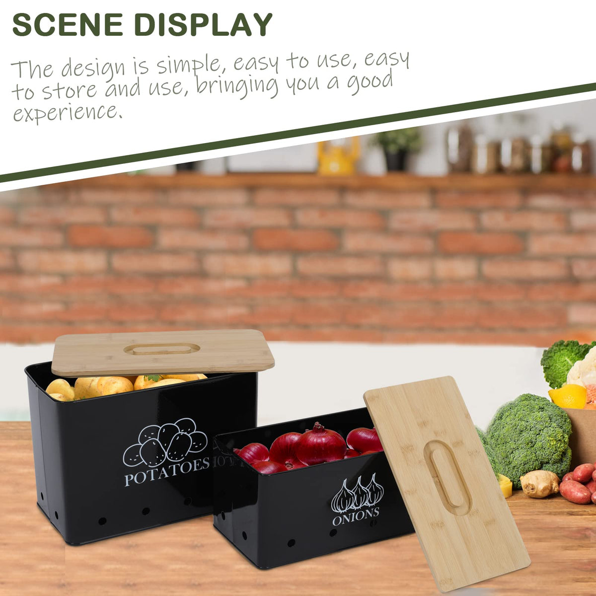 Vented Metal Vegetable Storage Bin Set of 2 with Wooden Lids L506464