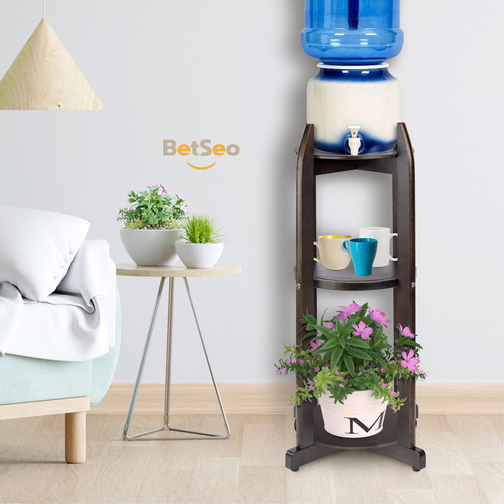 Solid Wood Water Dispenser Floor Stand with 3 Round Shelfs E94163
