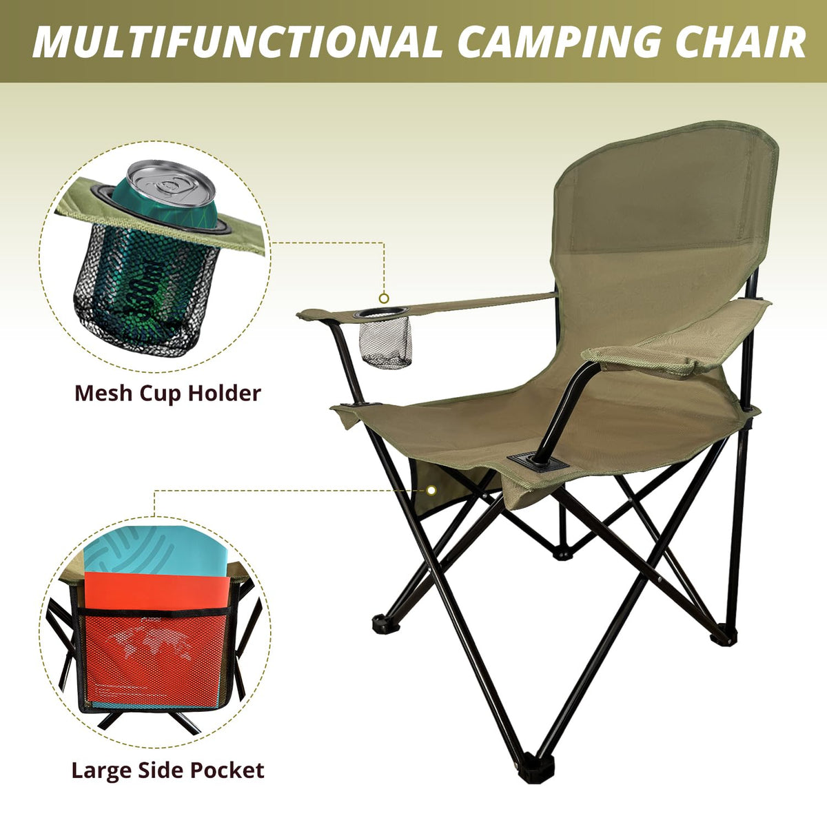 2 Pack Folding Camping Chairs with High Back, 300lbs Capacity, Green A196172