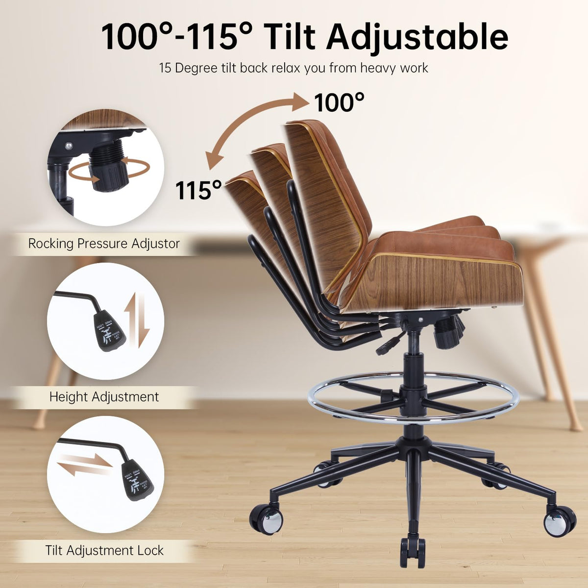 Brown Ergonomic Drafting Office Chair with Adjustable Height and Footrest Ring G399