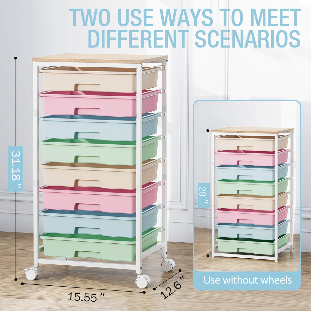 Rolling Storage Cart with 8 Drawers and Wooden Tabletop B3455