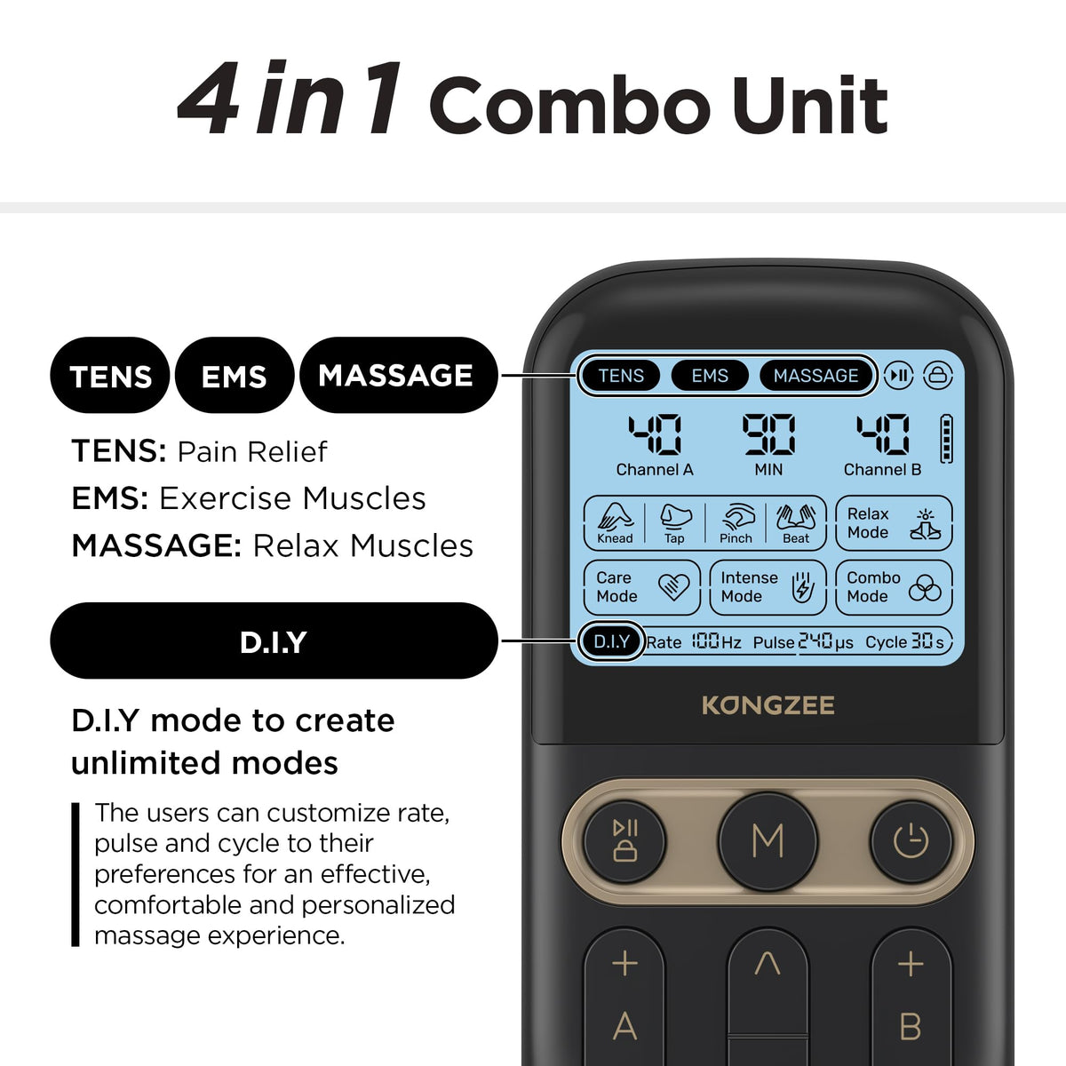 4 in 1 TENS Unit EMS Massage Muscle Stimulator Dual Channel Rechargeable H7739