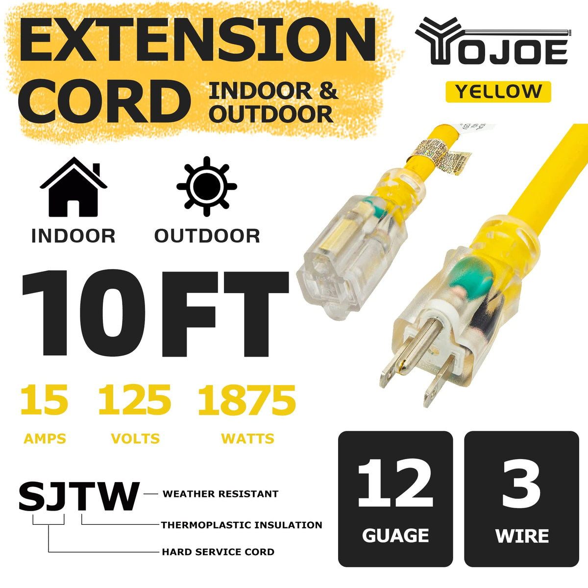 Yellow 12 Gauge 10 ft Extension Cord O3326