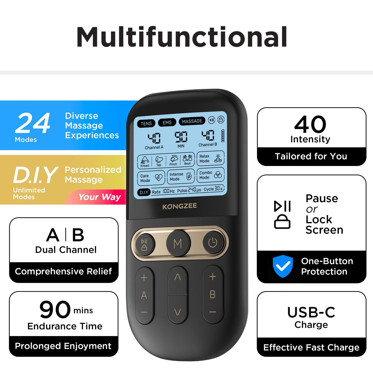4 in 1 TENS Unit EMS Massage Muscle Stimulator Dual Channel Rechargeable H7739