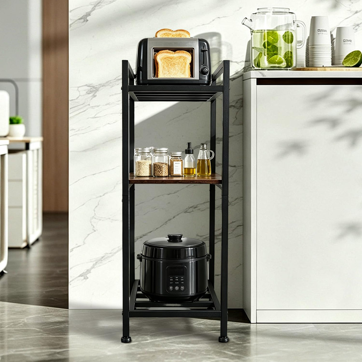 Black Metal Wood 3 Tier Water Dispenser Stand J90060