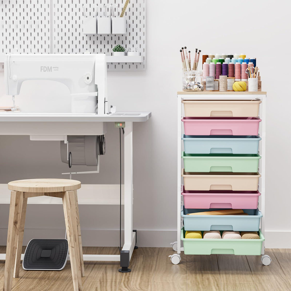 Rolling Storage Cart with 8 Drawers and Wooden Tabletop B3455