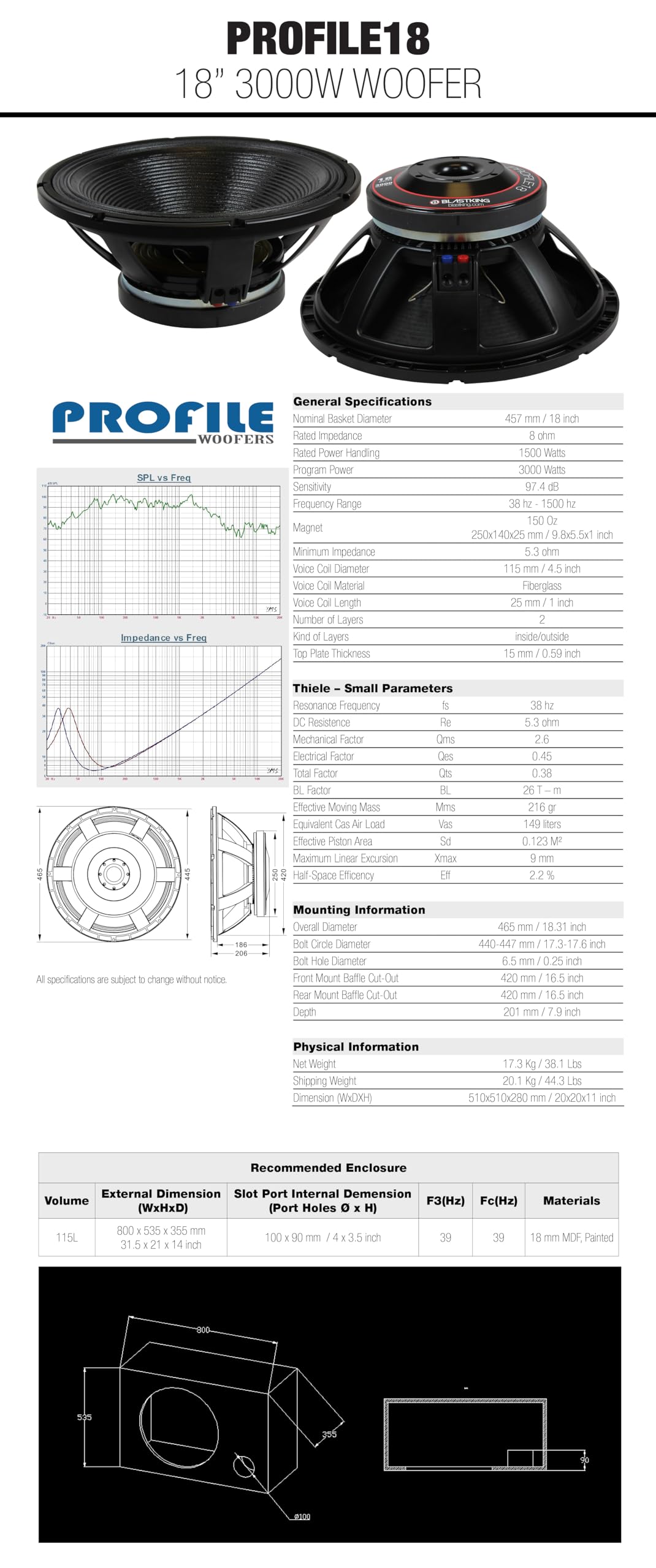 18" 3000W High Output Woofer 4.5" Voice Coil 8 Ω 97.4 dB Z699102