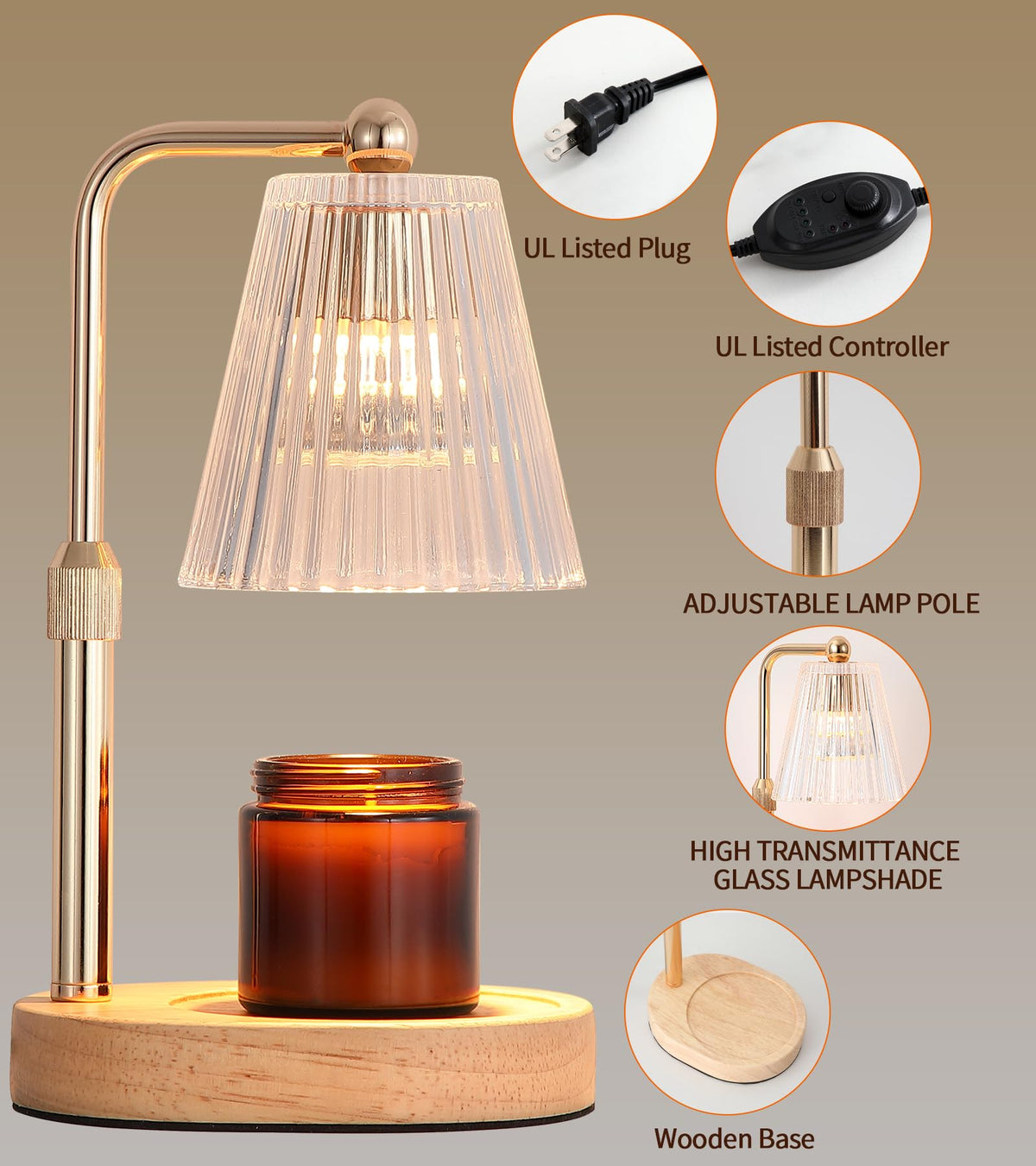 Gold Candle Warmer Lamp with Timer Dimmable with 2 Bulbs I388