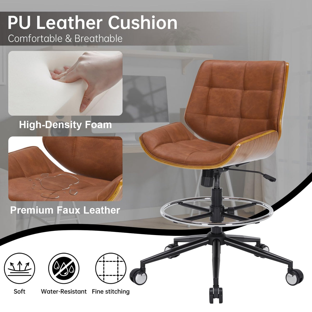 Brown Ergonomic Drafting Office Chair with Adjustable Height and Footrest Ring G399