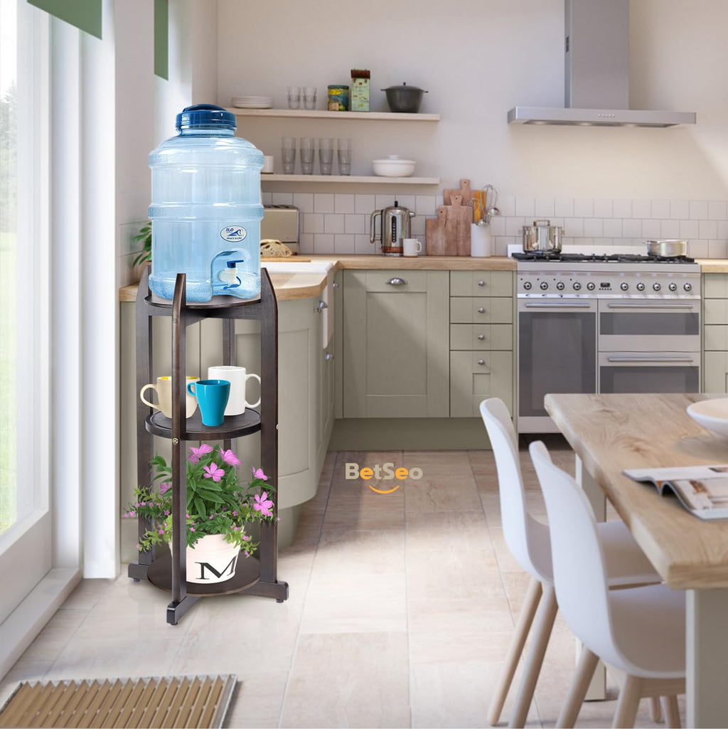Solid Wood Water Dispenser Floor Stand with 3 Round Shelfs E94163