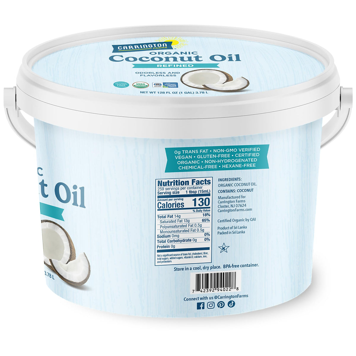 Organic Refined Coconut Oil 1 Gallon X8774