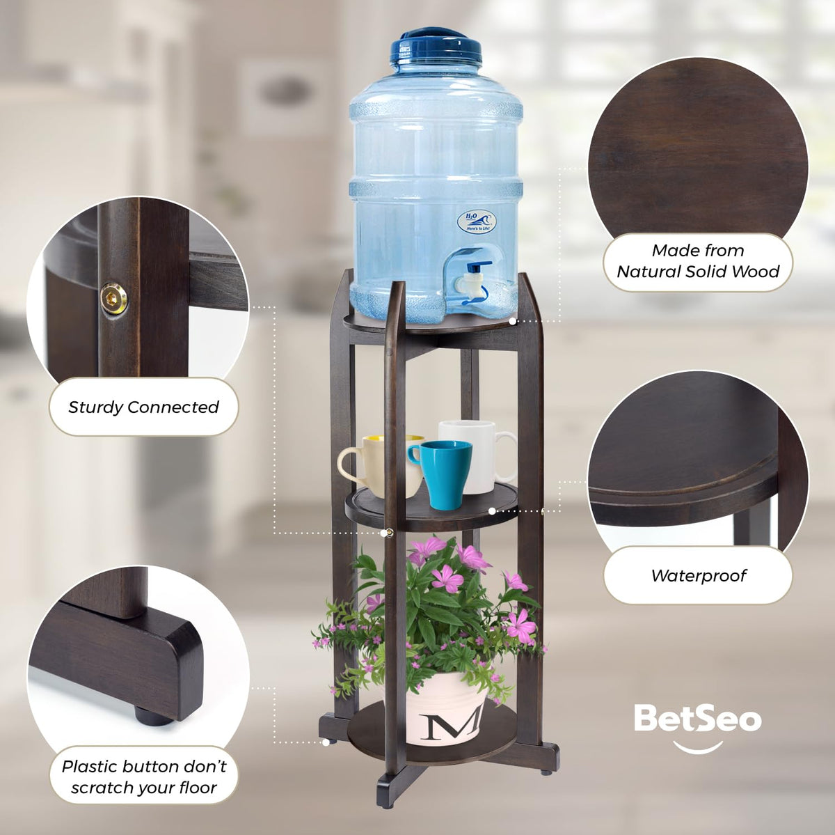 Solid Wood Water Dispenser Floor Stand with 3 Round Shelfs E94163
