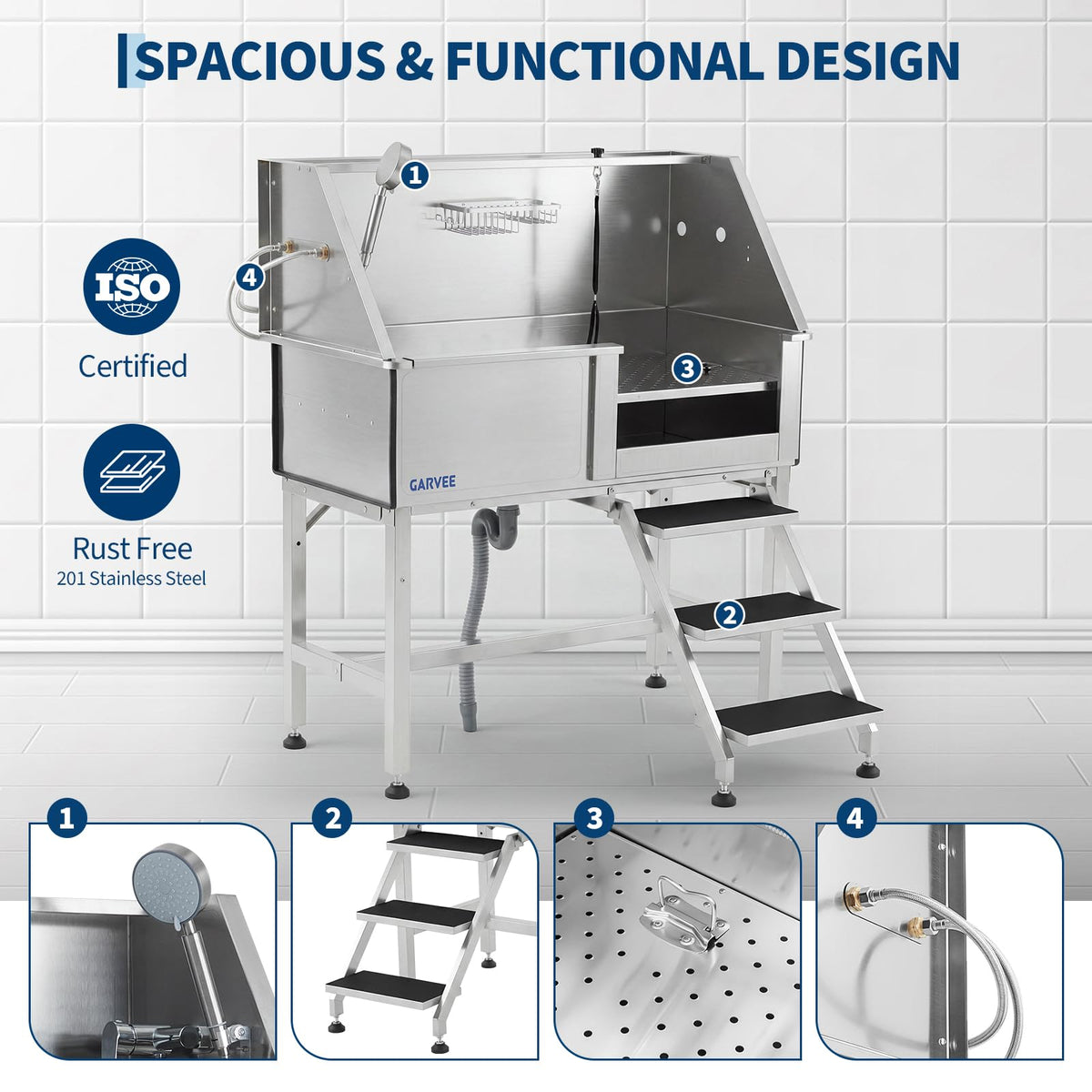 46 Inch Stainless Steel Dog Washing Station with Stair K434246