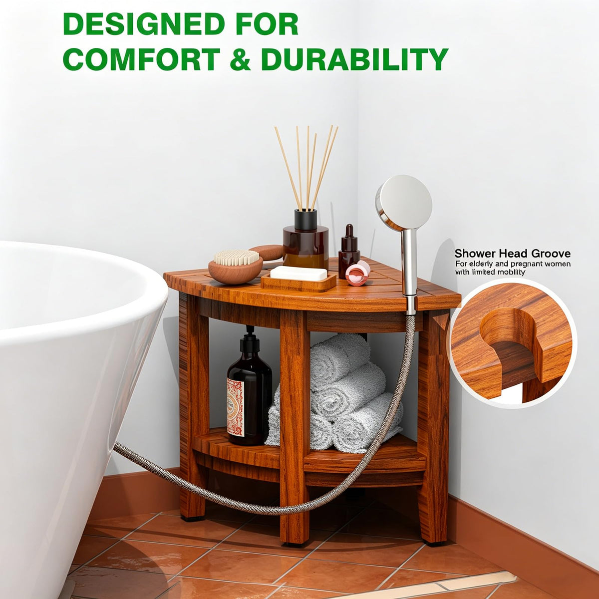 Teak Corner Shower Bench Stool L960