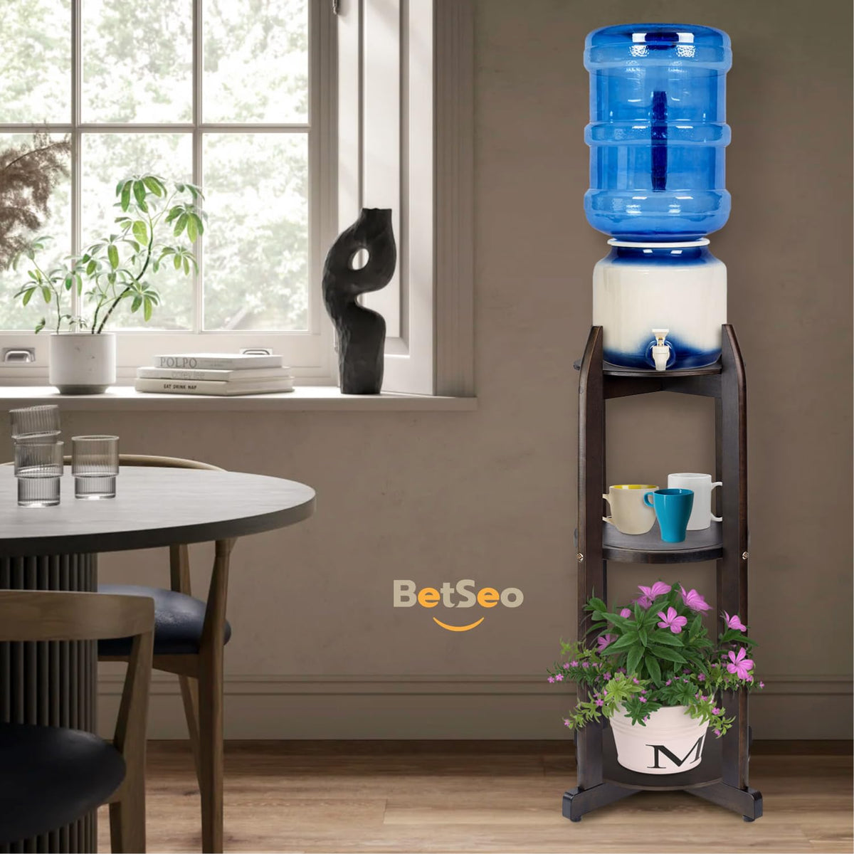 Solid Wood Water Dispenser Floor Stand with 3 Round Shelfs E94163
