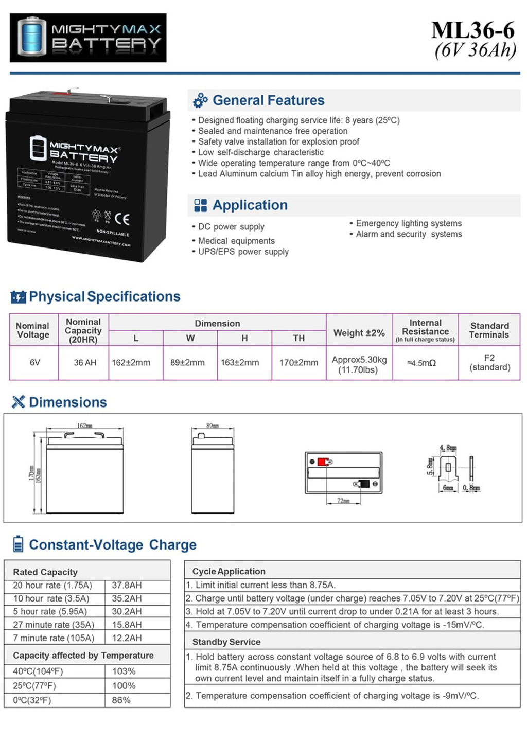 6V 36Ah AGM F2 Terminal Battery F72320