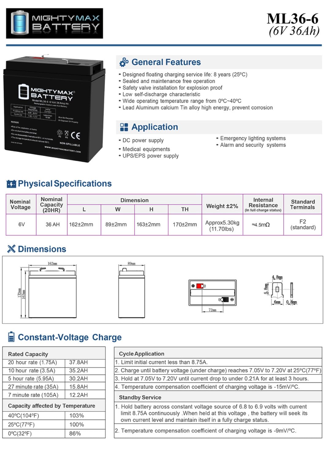 6V 36Ah AGM F2 Terminal Battery F72320