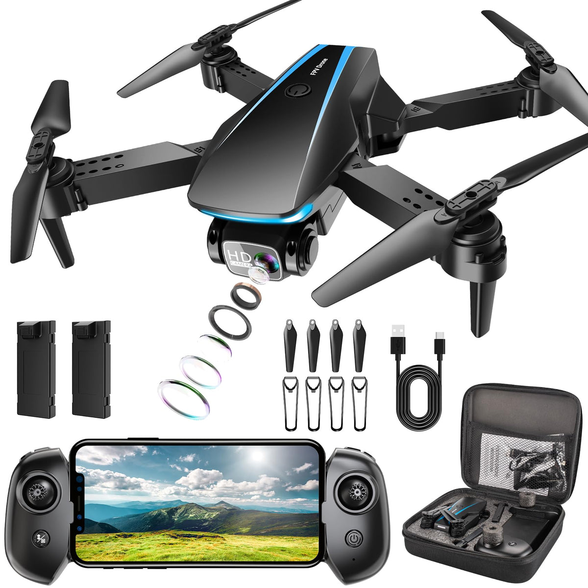 1080P HD Foldable Drone with Camera, 2 Batteries, Carrying Case T899