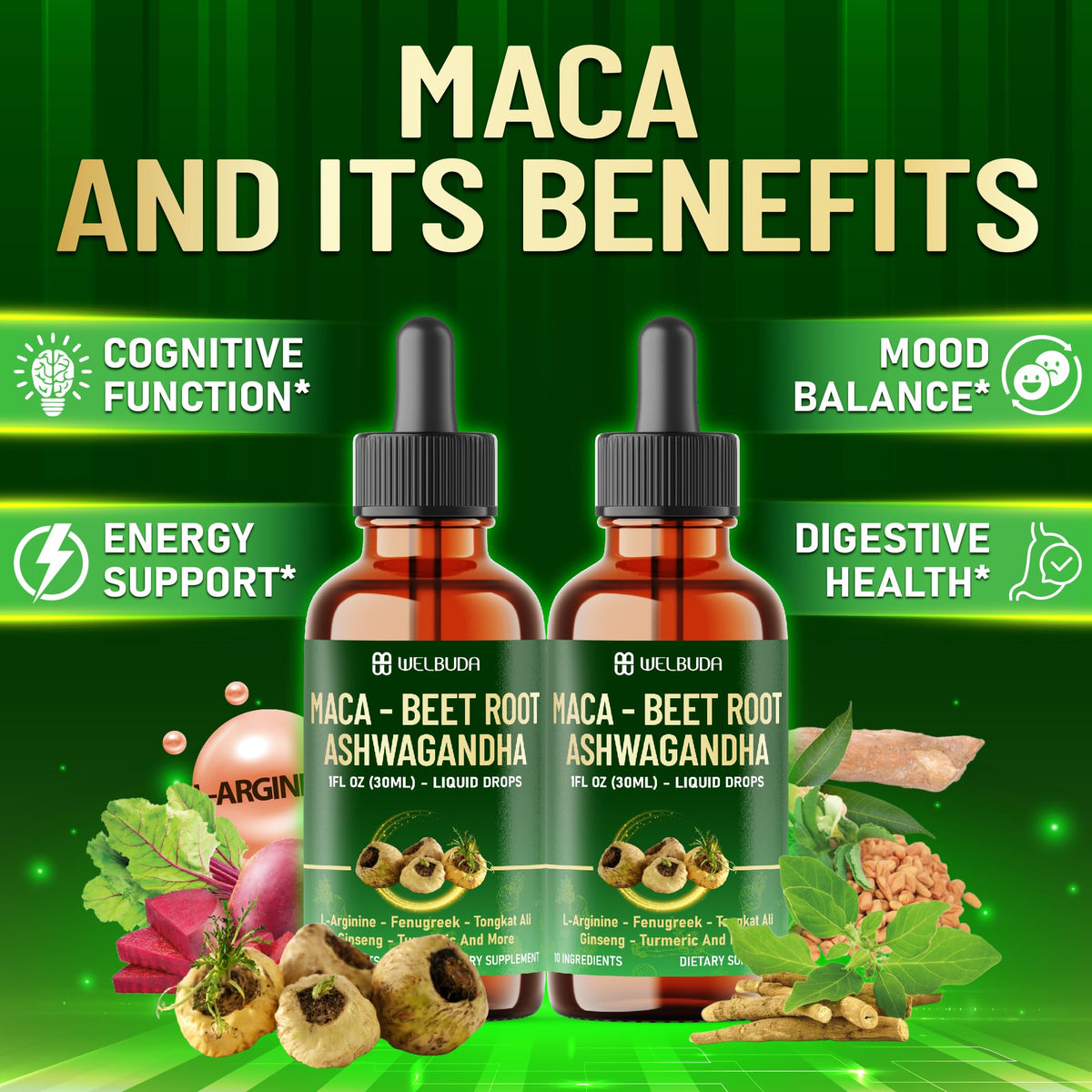 Maca Root Liquid Drops with Ashwagandha, Fenugreek, Beet Root and L-Arginine, 1 FL Oz K837156