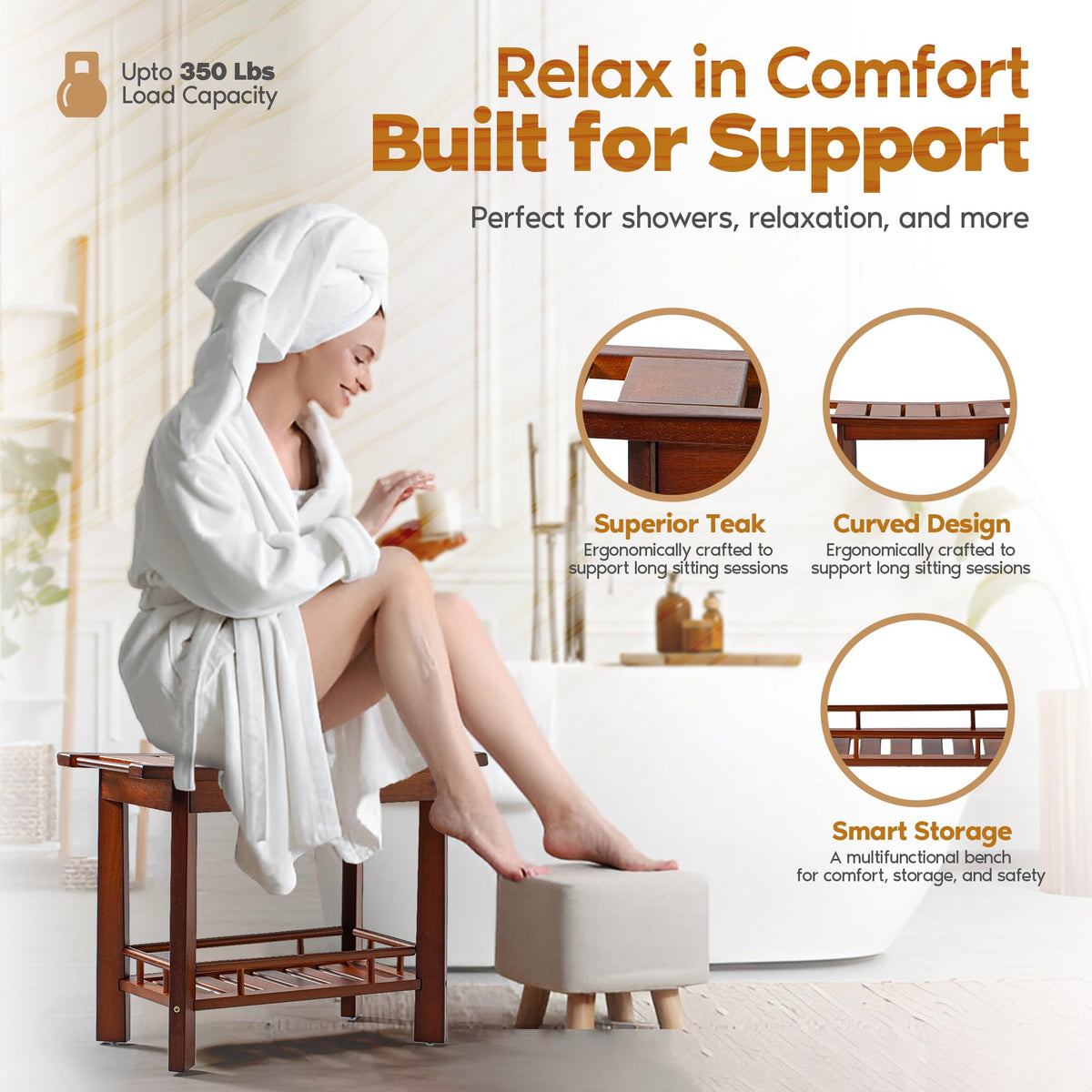 21" Teak Shower Bench with Storage Shelf M3854