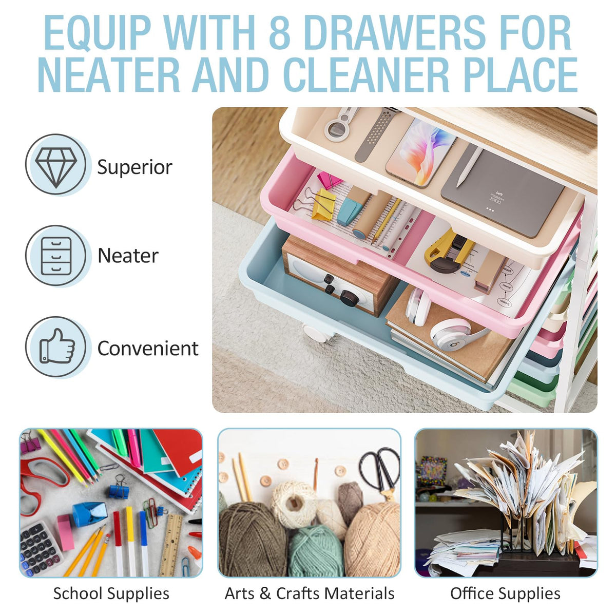Rolling Storage Cart with 8 Drawers and Wooden Tabletop B3455