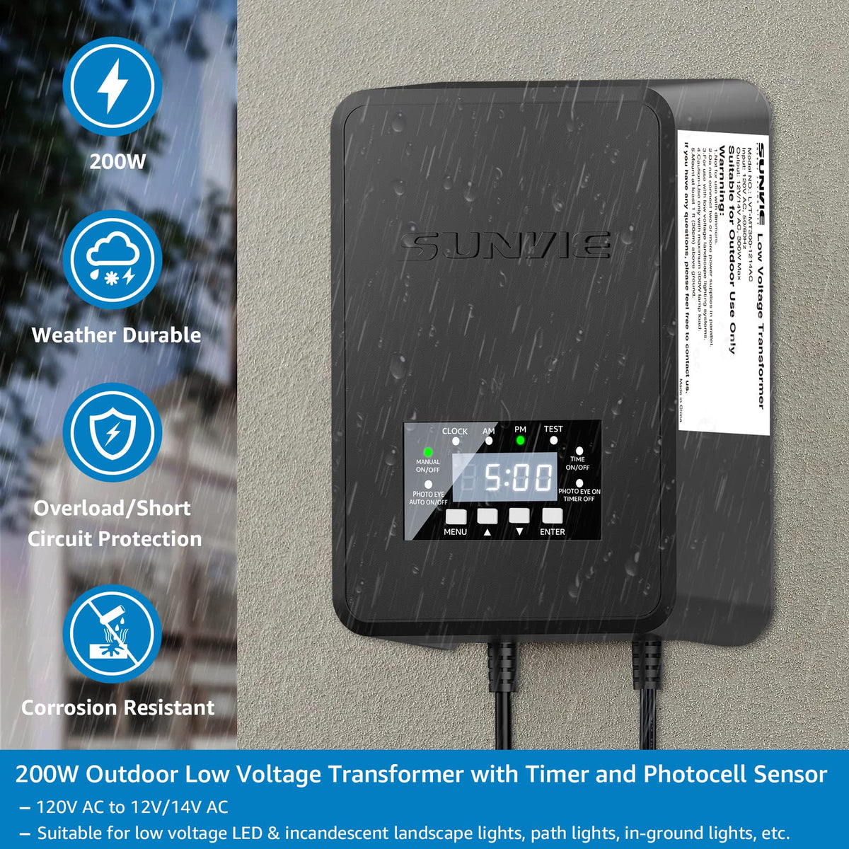 200W Landscape Lighting Transformer with Timer and Photocell Sensor H472