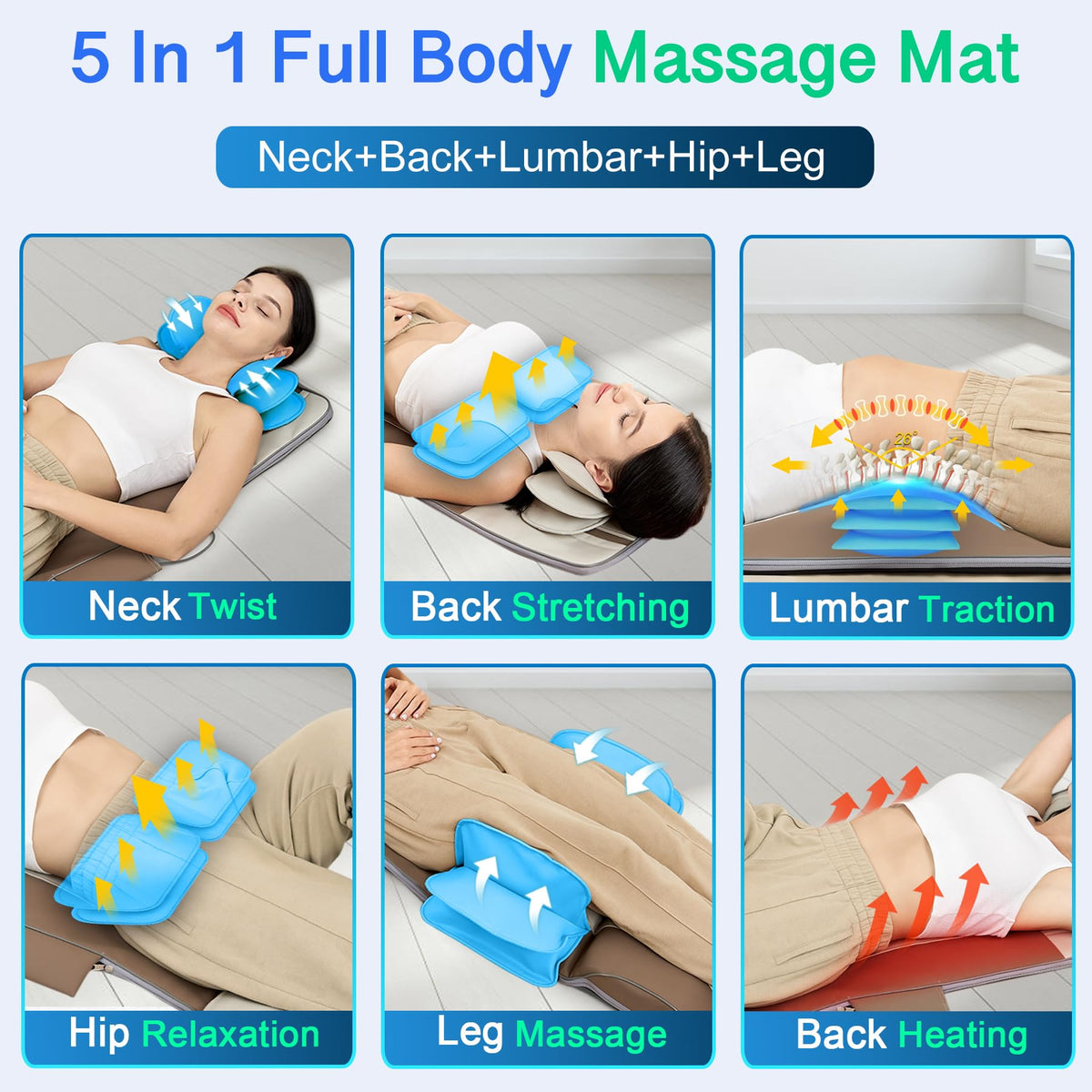 Full Body Massage Mat with Airbags Stretching & Heating, 3D Lumbar Traction, 4 Modes 3 Intensities 3 Heat Levels, PU Leather, Portable & Foldable A733