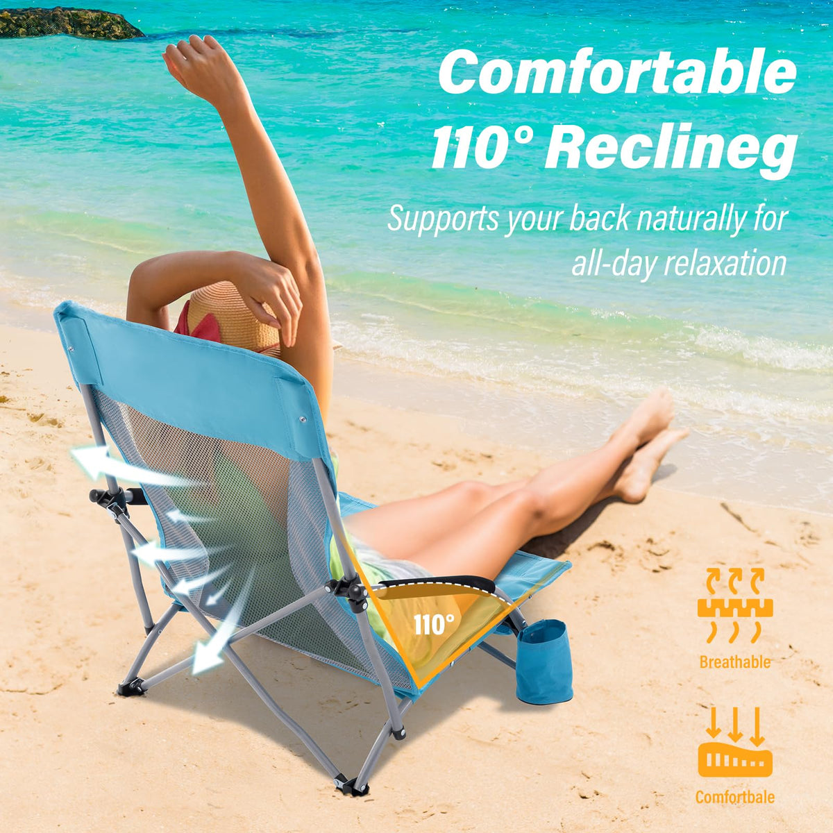 Portable Low Folding Beach Chairs Set of 2 Lightweight with Cup Holder Storage Pockets Carry Bag Blue A8333