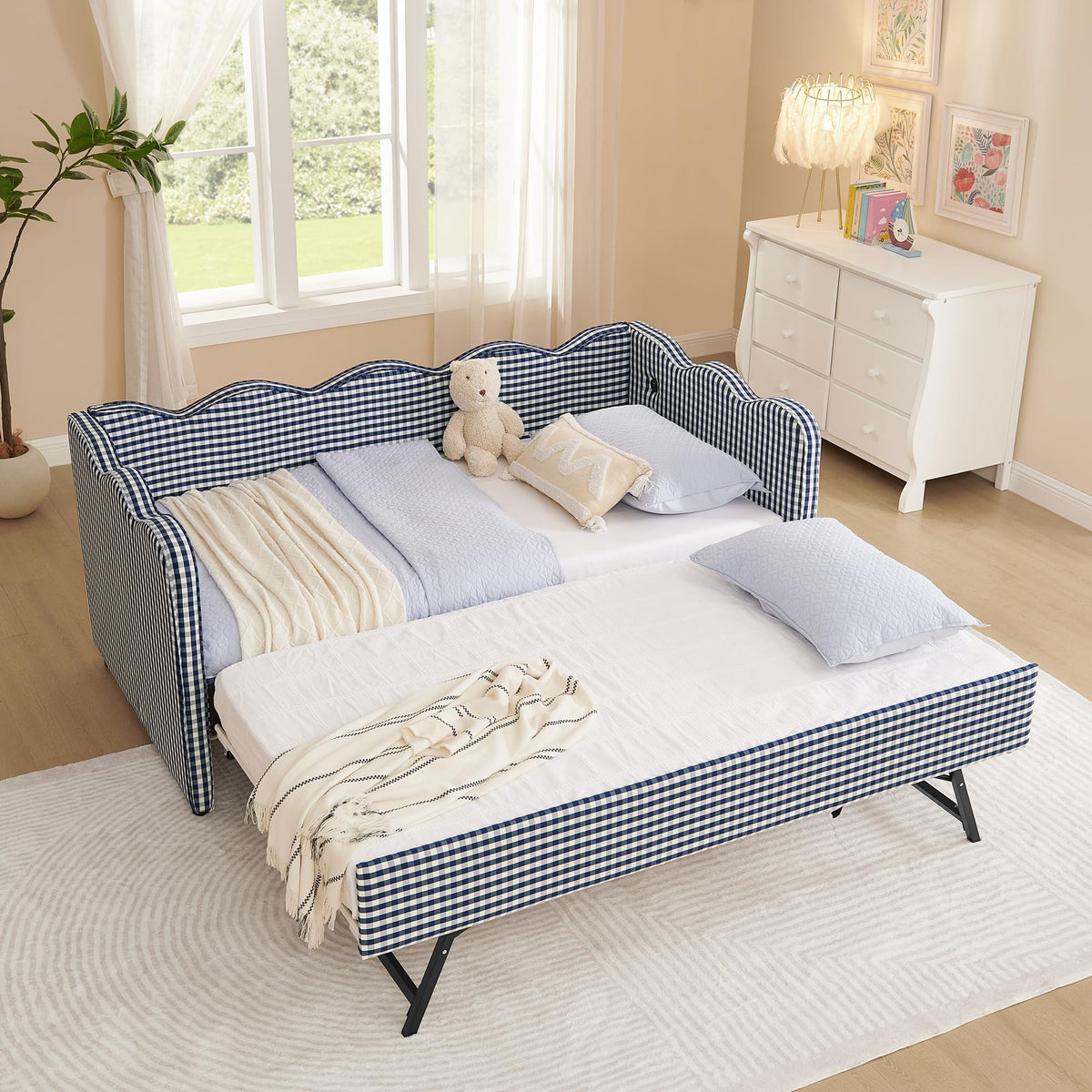 Navy Gingham Linen Upholstered Twin Size Daybed with Trundle A89999
