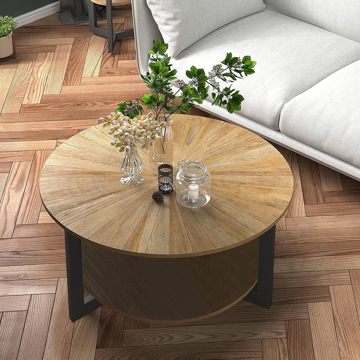 33.5" Round 2-Tier Wood Coffee Table with Storage K3188