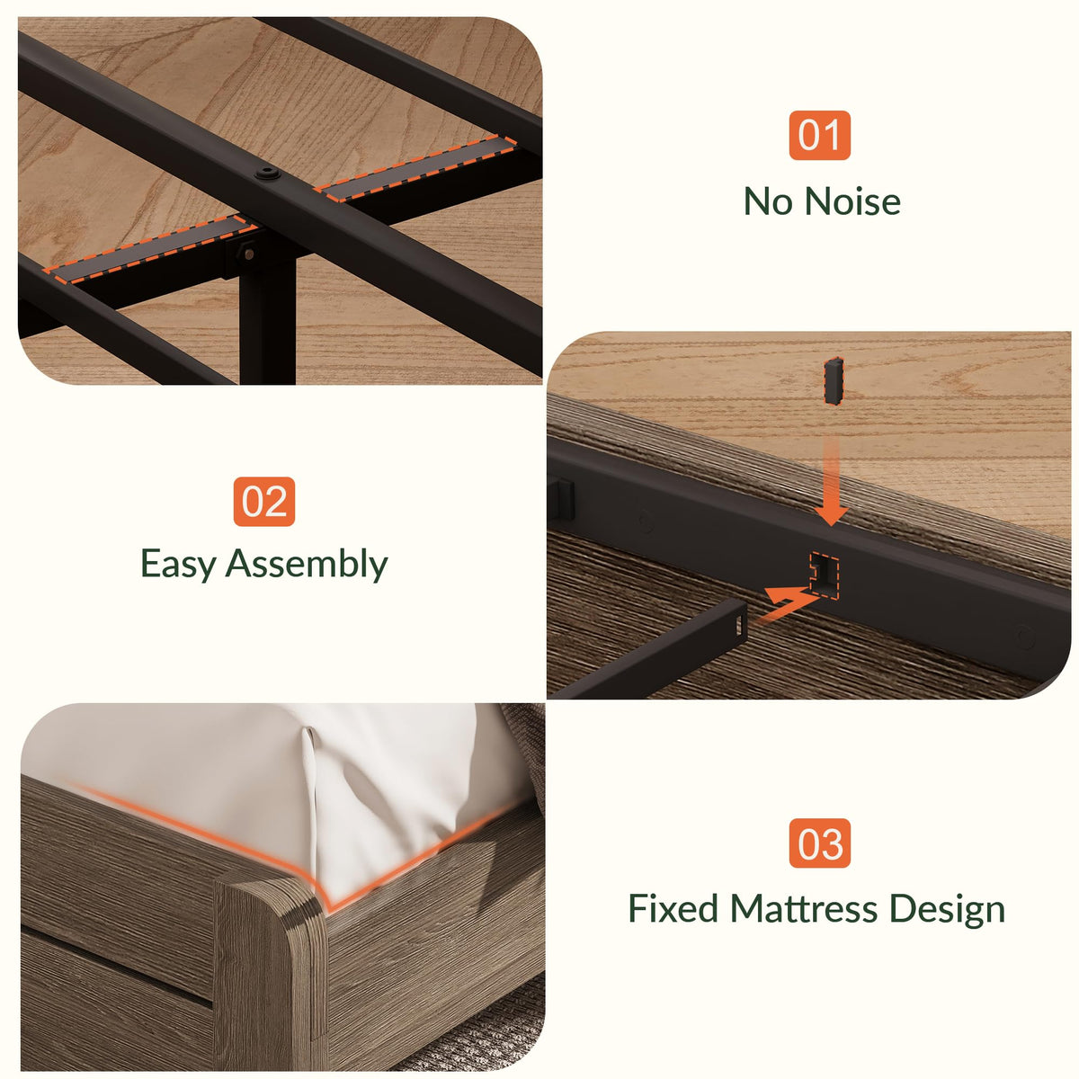 King Size Brown Wooden Platform Bed Frame with Headboard N399302