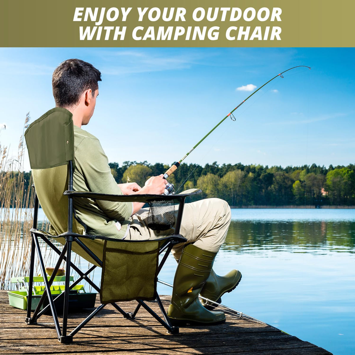 2 Pack Folding Camping Chairs with High Back, 300lbs Capacity, Green A196172