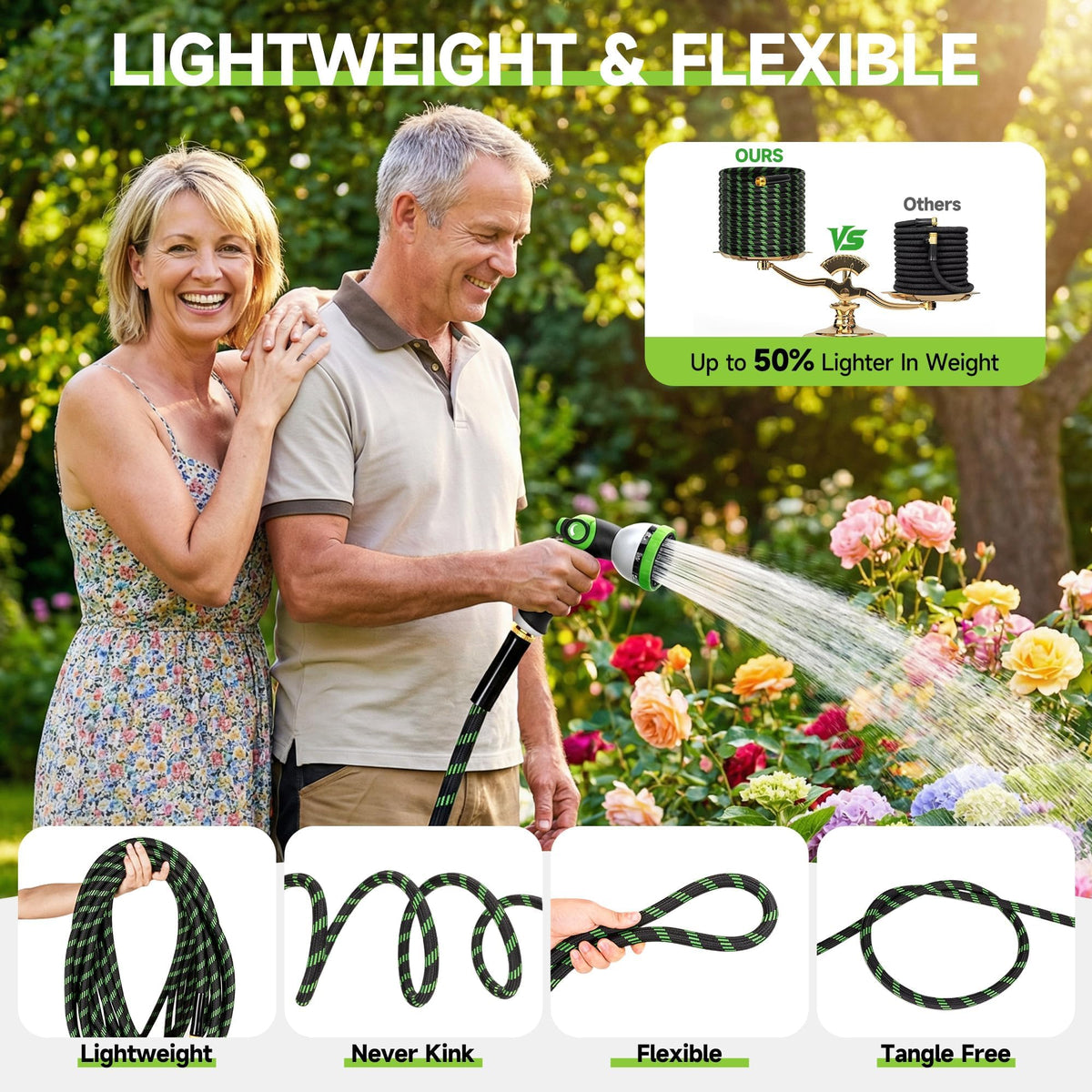 100 ft Flexible Lightweight Kink-Free Garden Hose with 10 Function Nozzle U4429
